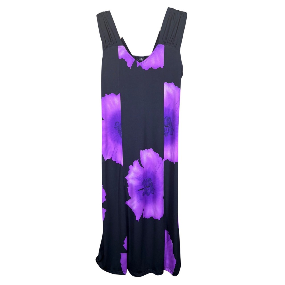 Jostar Womens Purple Floral Sleeveless Midi Dress V-Neck Stretch Black Medium